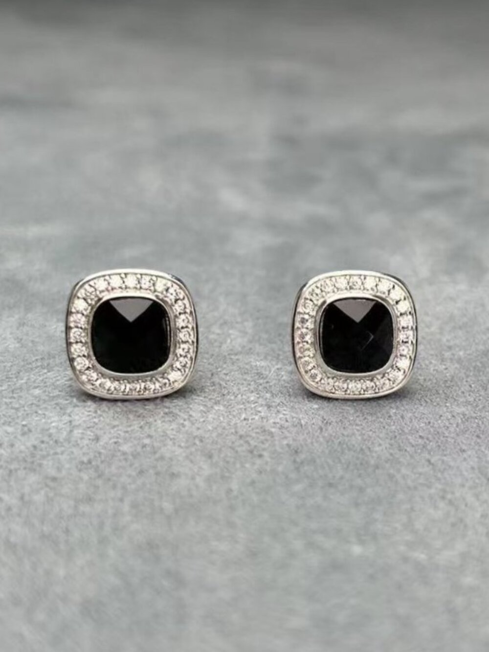 Sterling Silver with Black Onyx and Diamonds -Stud Earrings- 7mm